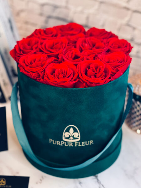 Red Forever Roses in Green Velvet box 