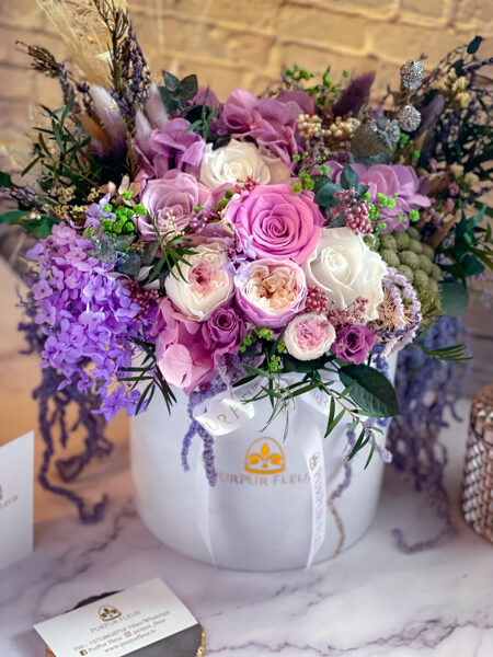 Violet& Lavander Flower Mix in White Premium Velvet Box 