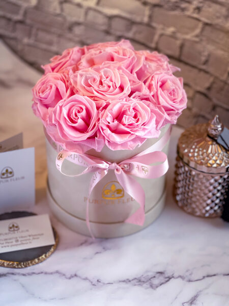 Pink Forever Roses in White Sand color Box 