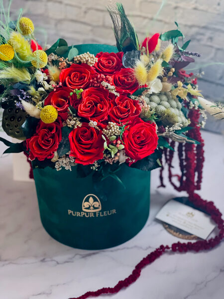 Red Forever Flower Mix in GREEN luxury box