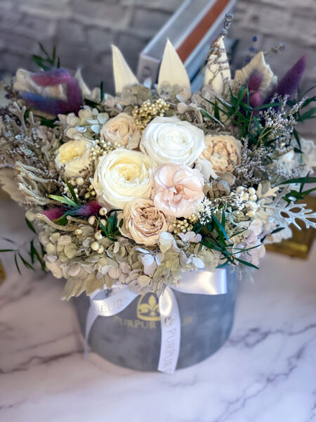 Grey, white & cappuccino forever flowers mix in grey velvet box