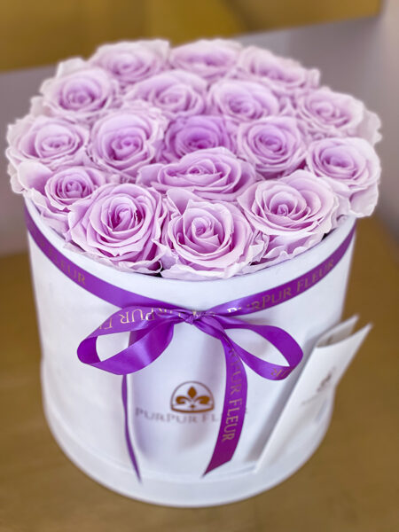 Light Lavender Forever Roses in White Luxury Box