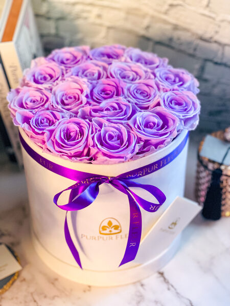 Lavender Forever Roses in White Luxury Box
